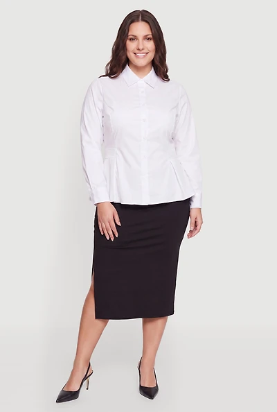 Plus Button Front Poplin Peplum Shirt