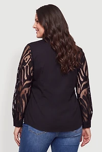 Plus Tie Front Belted Sheer Sleeve Shirt