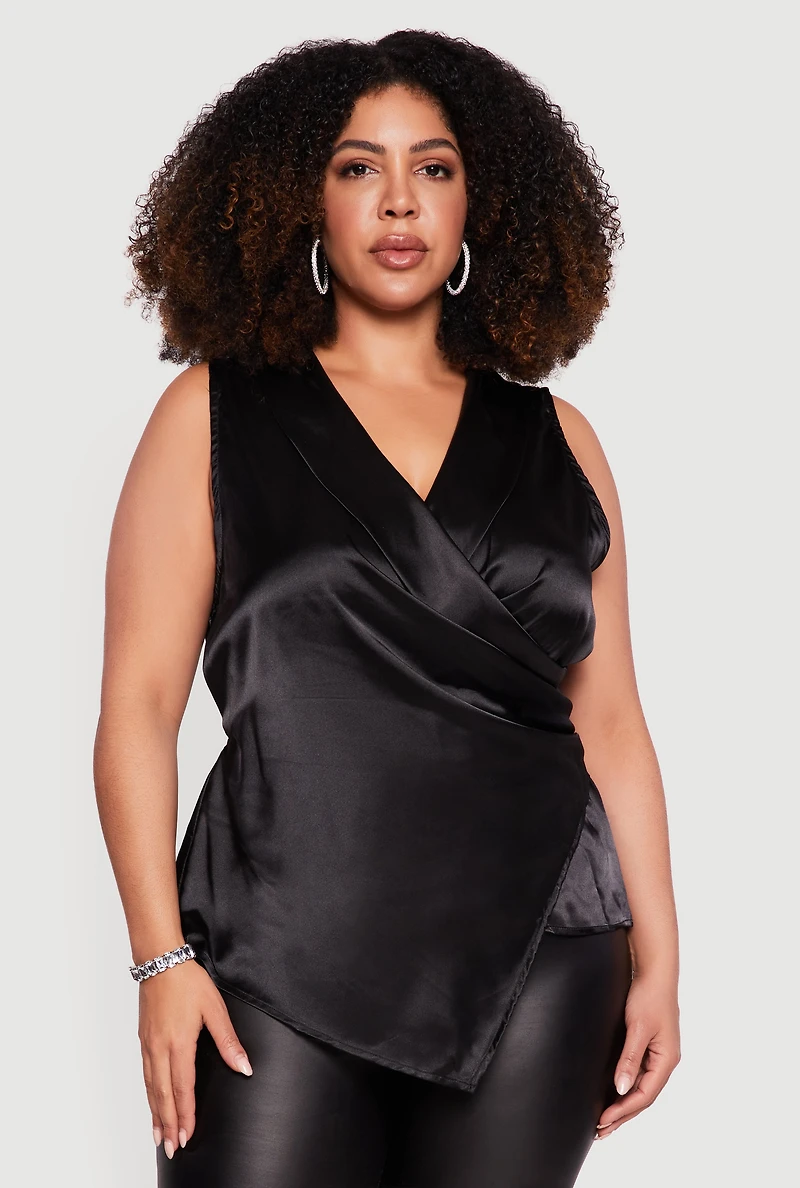 Plus Sleeveless Satin Faux Wrap Top