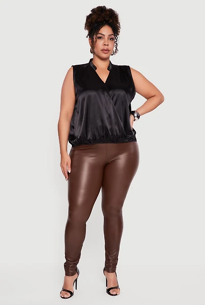 Plus Sleeveless Notch Neck Satin Faux Wrap Top