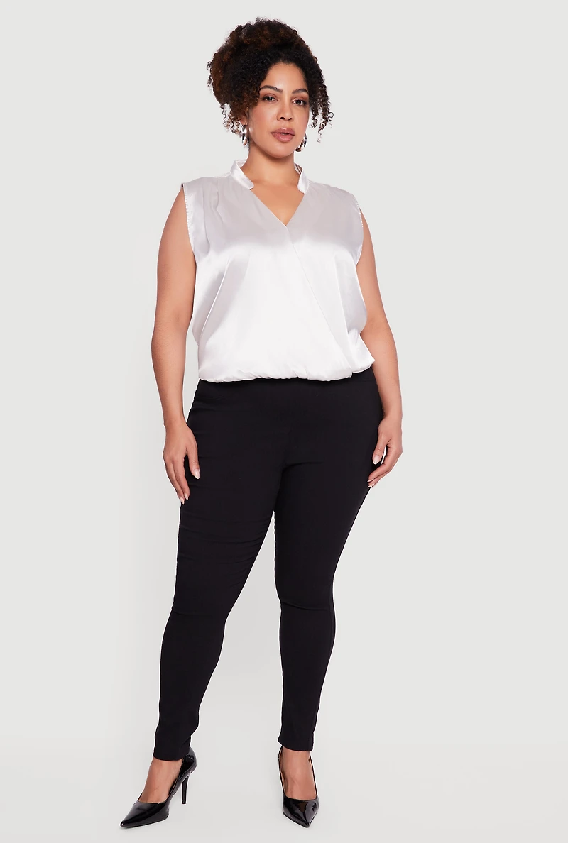 Plus Sleeveless Notch Neck Satin Faux Wrap Top