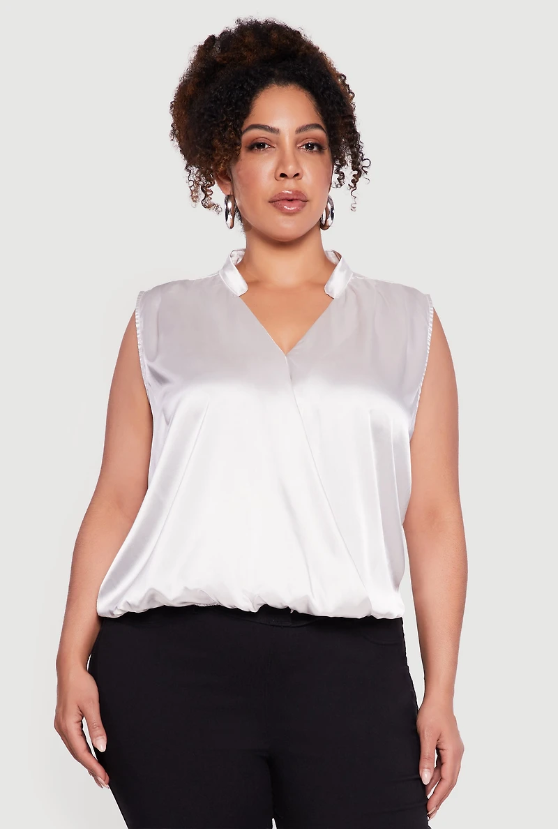 Plus Sleeveless Notch Neck Satin Faux Wrap Top