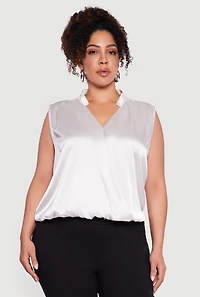 Plus Sleeveless Notch Neck Satin Faux Wrap Top