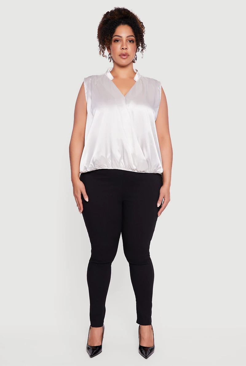 Plus Sleeveless Notch Neck Satin Faux Wrap Top