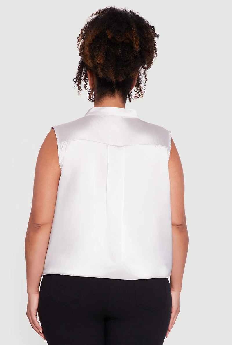 Plus Sleeveless Notch Neck Satin Faux Wrap Top