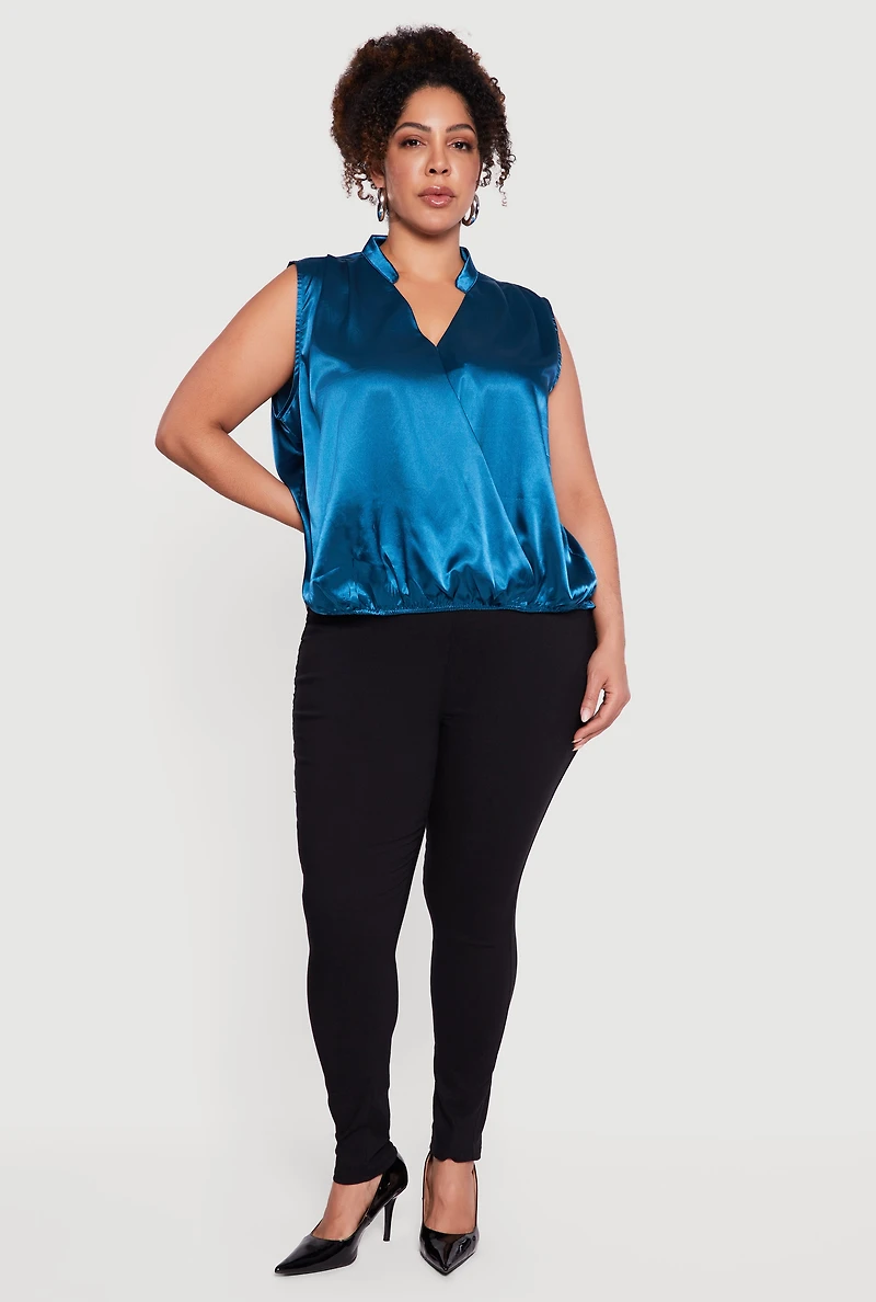 Plus Sleeveless Notch Neck Satin Faux Wrap Top