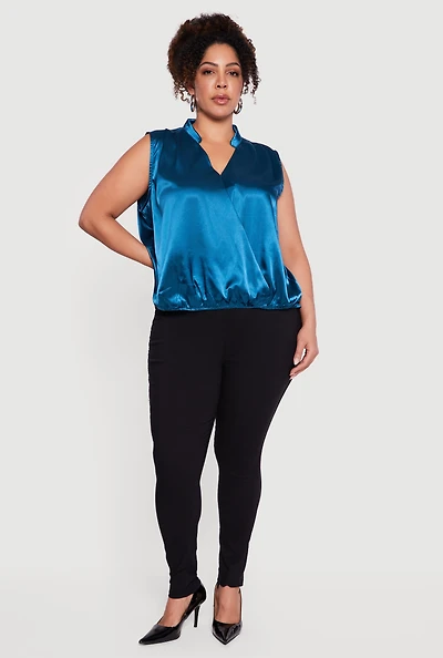 Plus Sleeveless Notch Neck Satin Faux Wrap Top