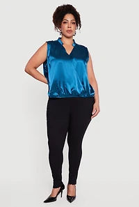 Plus Sleeveless Notch Neck Satin Faux Wrap Top