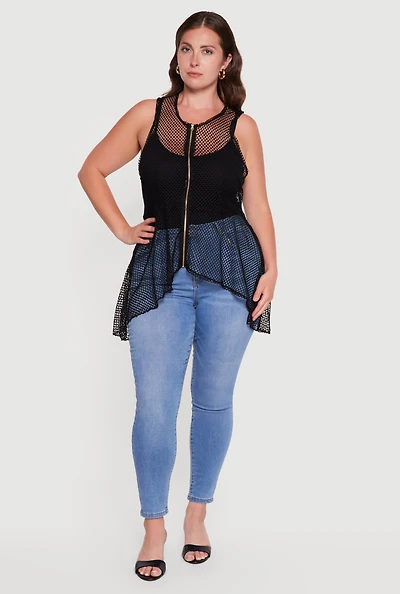 Plus Zip Front Fishnet High Low Top