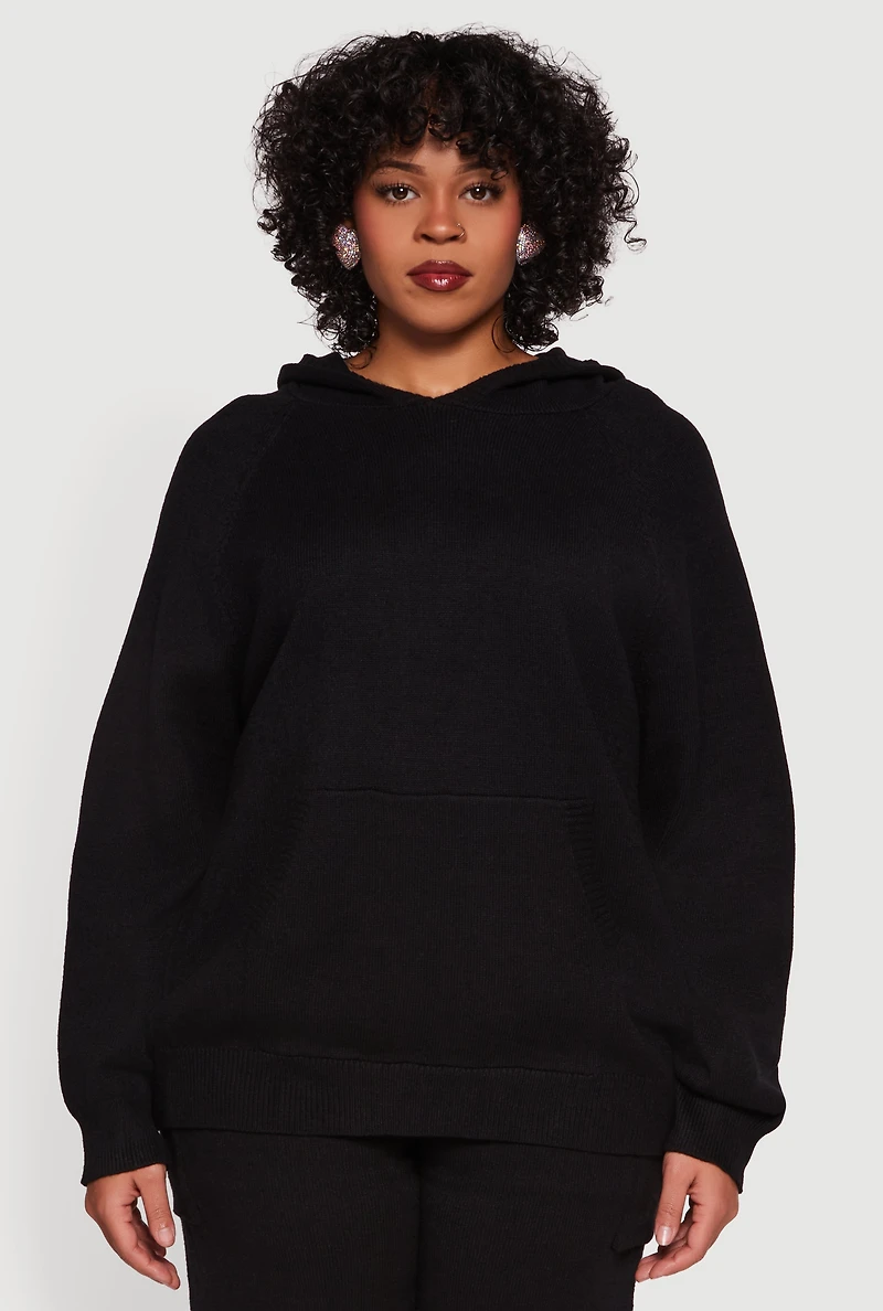Plus Kangaroo Pocket Ribbed Knit Sweater Hoodie