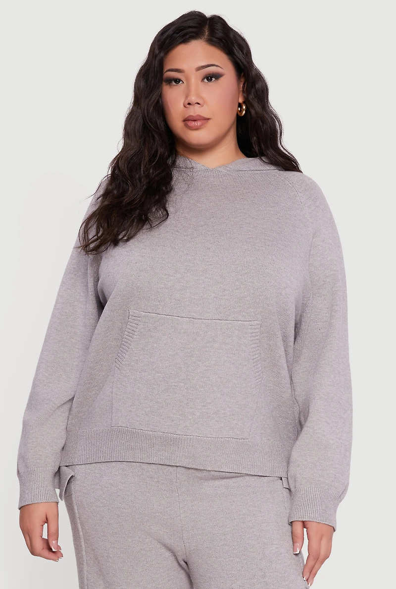 Womens Plus Size Kangaroo Pocket Ribbed Knit Sweater Hoodie, Grey, Size 3X