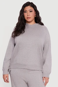 Womens Plus Size Kangaroo Pocket Ribbed Knit Sweater Hoodie, Grey, Size 3X