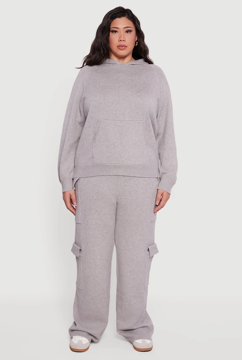 Womens Plus Size Kangaroo Pocket Ribbed Knit Sweater Hoodie, Grey, Size 4X