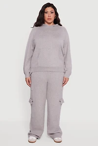 Womens Plus Size Kangaroo Pocket Ribbed Knit Sweater Hoodie, Grey, Size 4X