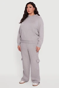 Womens Plus Size Kangaroo Pocket Ribbed Knit Sweater Hoodie, Grey, Size 3X