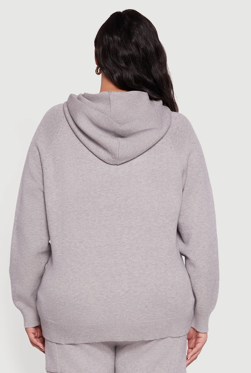 Womens Plus Size Kangaroo Pocket Ribbed Knit Sweater Hoodie, Grey, Size 3X