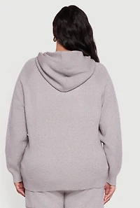 Womens Plus Size Kangaroo Pocket Ribbed Knit Sweater Hoodie, Grey, Size 3X