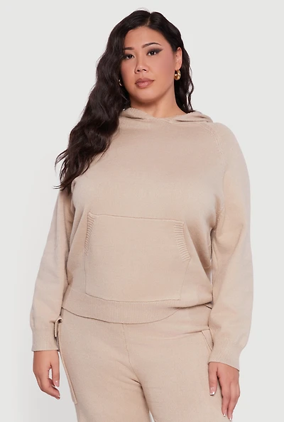 Womens Plus Kangaroo Pocket Ribbed Knit Sweater Hoodie,
