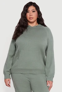 Plus Kangaroo Pocket Ribbed Knit Sweater Hoodie