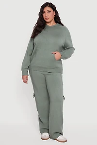 Womens Plus Size Kangaroo Pocket Ribbed Knit Sweater Hoodie, Green, Size 2X
