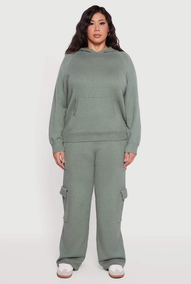 Plus Kangaroo Pocket Ribbed Knit Sweater Hoodie