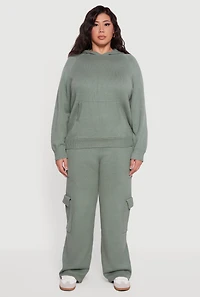 Plus Kangaroo Pocket Ribbed Knit Sweater Hoodie