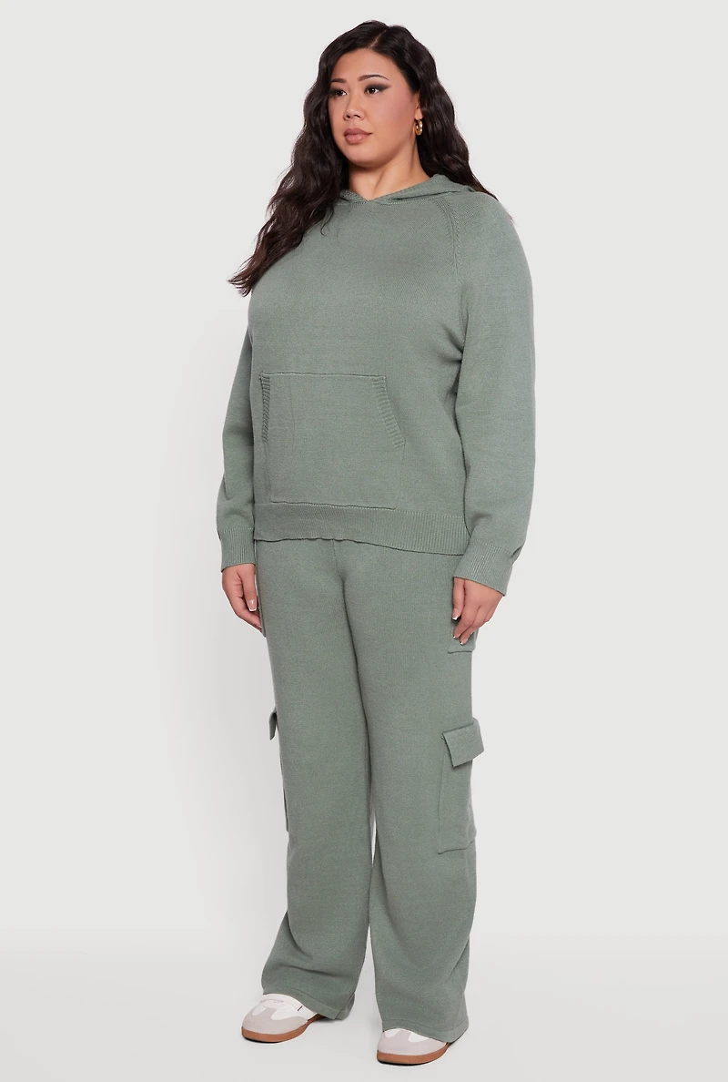 Womens Plus Size Kangaroo Pocket Ribbed Knit Sweater Hoodie, Green, Size 2X