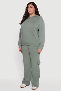 Womens Plus Size Kangaroo Pocket Ribbed Knit Sweater Hoodie, Green, Size 2X