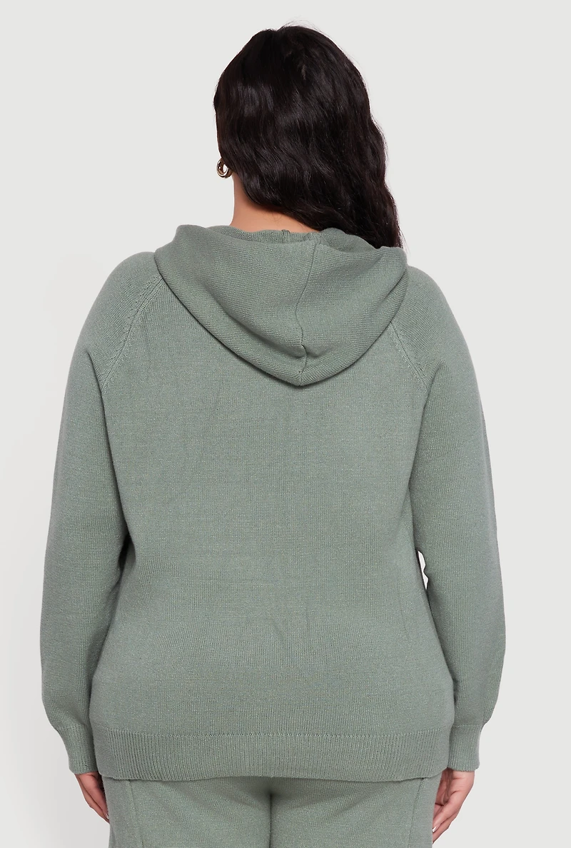 Womens Plus Size Kangaroo Pocket Ribbed Knit Sweater Hoodie, Green, Size 2X
