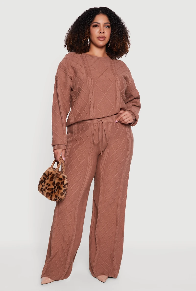 Womens Plus Cable Knit Crew Neck Sweater, Brown,