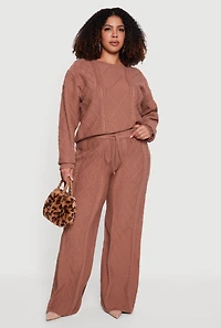 Womens Plus Cable Knit Crew Neck Sweater, Brown,