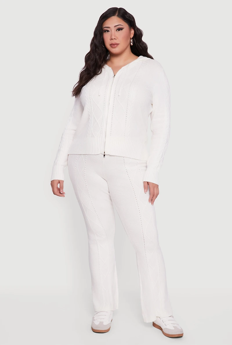 Plus Metallic Zip Front Cable Knit Sweater Hoodie