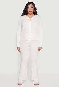 Plus Metallic Zip Front Cable Knit Sweater Hoodie