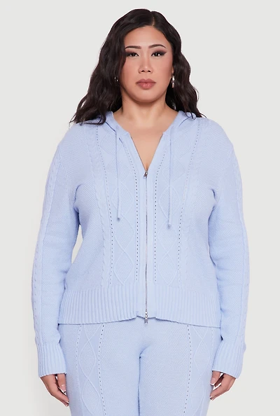 Womens Plus Metallic Zip Front Cable Knit Sweater Hoodie,