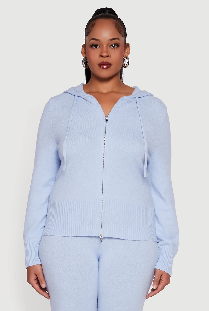 Womens Plus Size Zip Front Sweater Hoodie, Blue, Size 1X