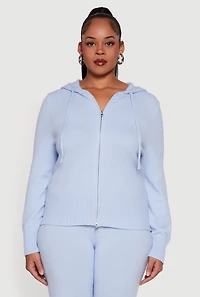 Womens Plus Size Zip Front Sweater Hoodie, Blue, Size 1X