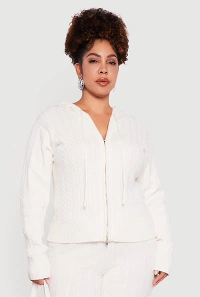 Womens Plus Size Zip Front Cable Knit Sweater Hoodie, White, Size 4X
