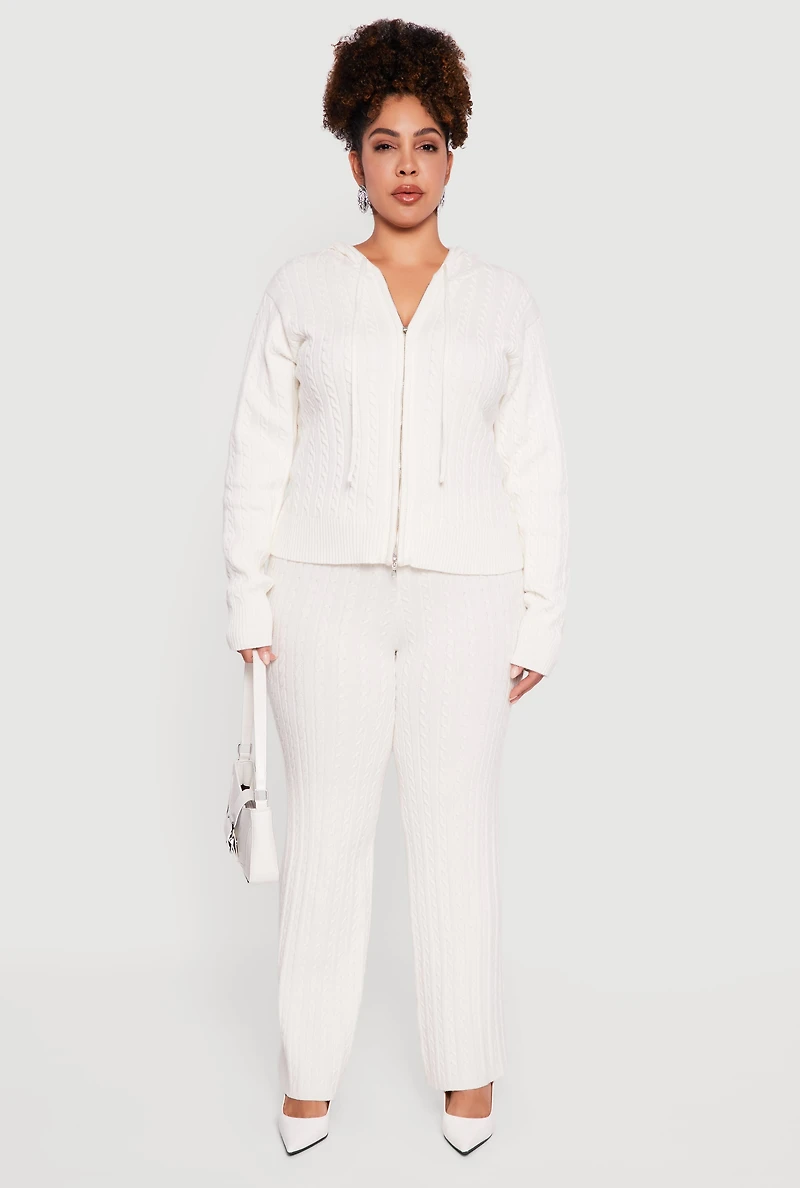 Womens Plus Size Zip Front Cable Knit Sweater Hoodie, White, Size 4X