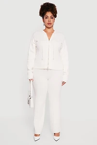 Womens Plus Size Zip Front Cable Knit Sweater Hoodie, White, Size 4X