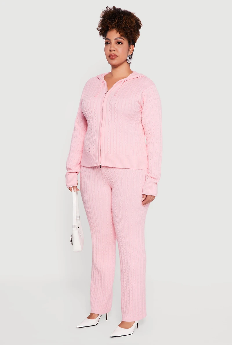 Plus Zip Front Cable Knit Sweater Hoodie