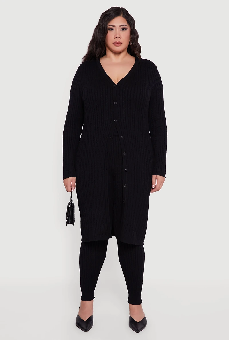 Plus Button Front Cable Knit Long Cardigan