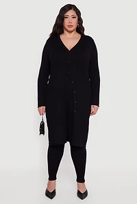 Plus Button Front Cable Knit Long Cardigan