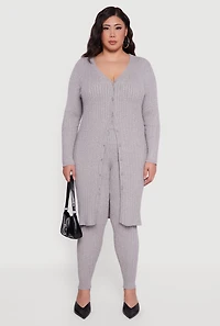 Plus Button Front Cable Knit Long Cardigan