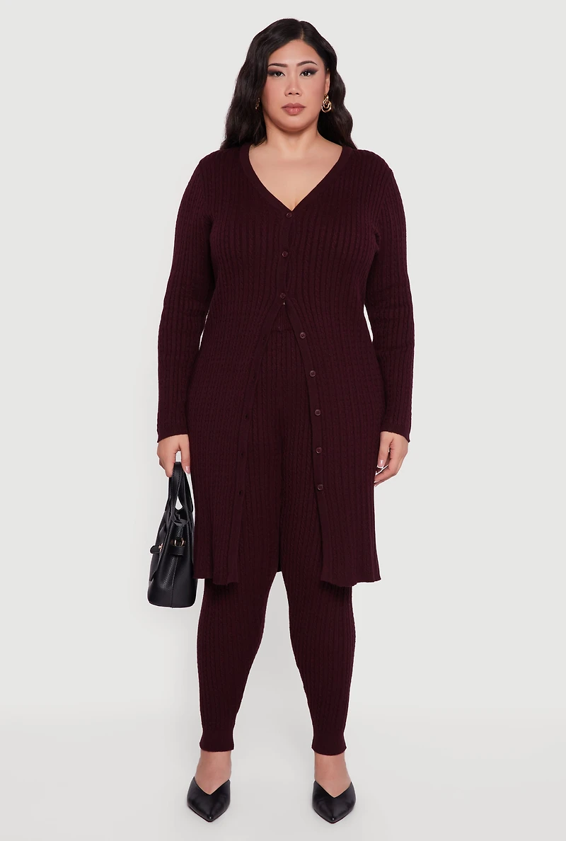 Plus Button Front Cable Knit Long Cardigan