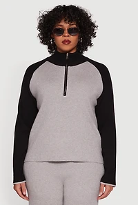 Plus Color Block Rib Knit Half Zip Pullover
