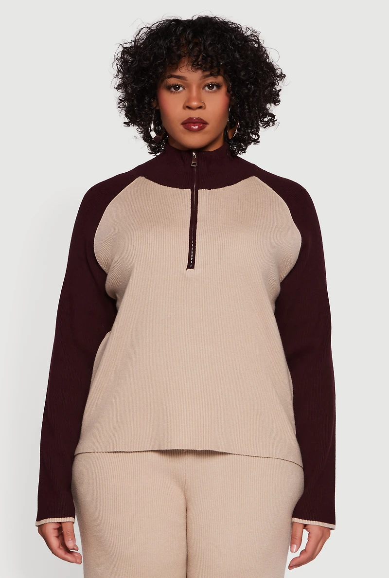 Plus Color Block Rib Knit Half Zip Pullover