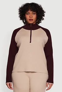 Plus Color Block Rib Knit Half Zip Pullover