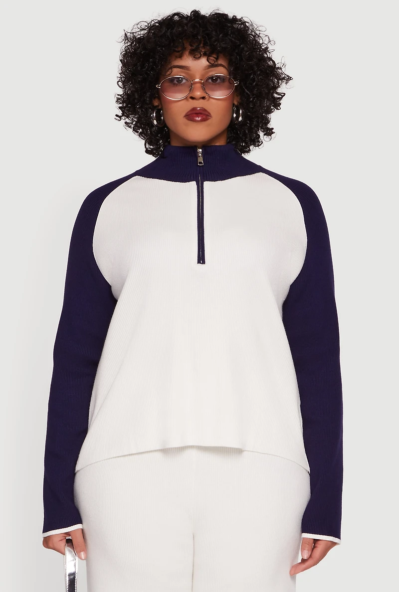 Plus Color Block Rib Knit Half Zip Pullover