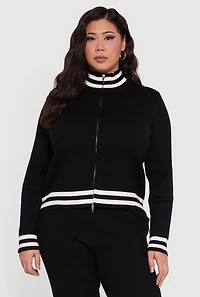 Plus Rib Knit Varsity Stripe Zip Front Sweater
