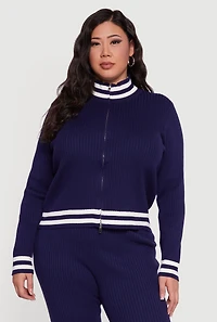 Plus Rib Knit Varsity Stripe Zip Front Sweater